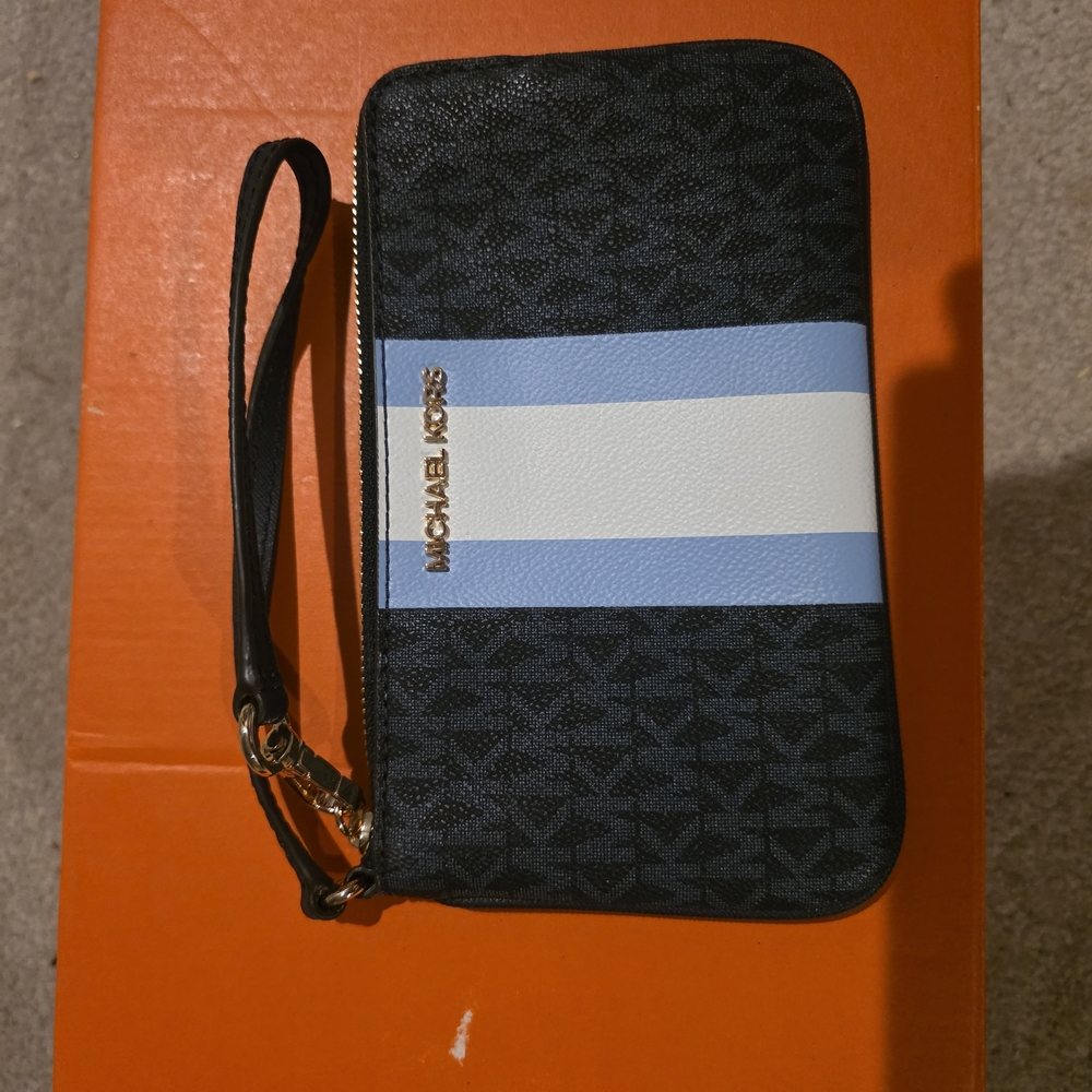 Michael Kors Black and Blue Clutch with Signature Stripe